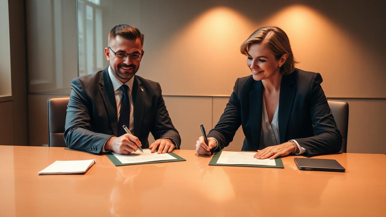 Two business professionals signing a trade sale agreement in a corporate boardroom