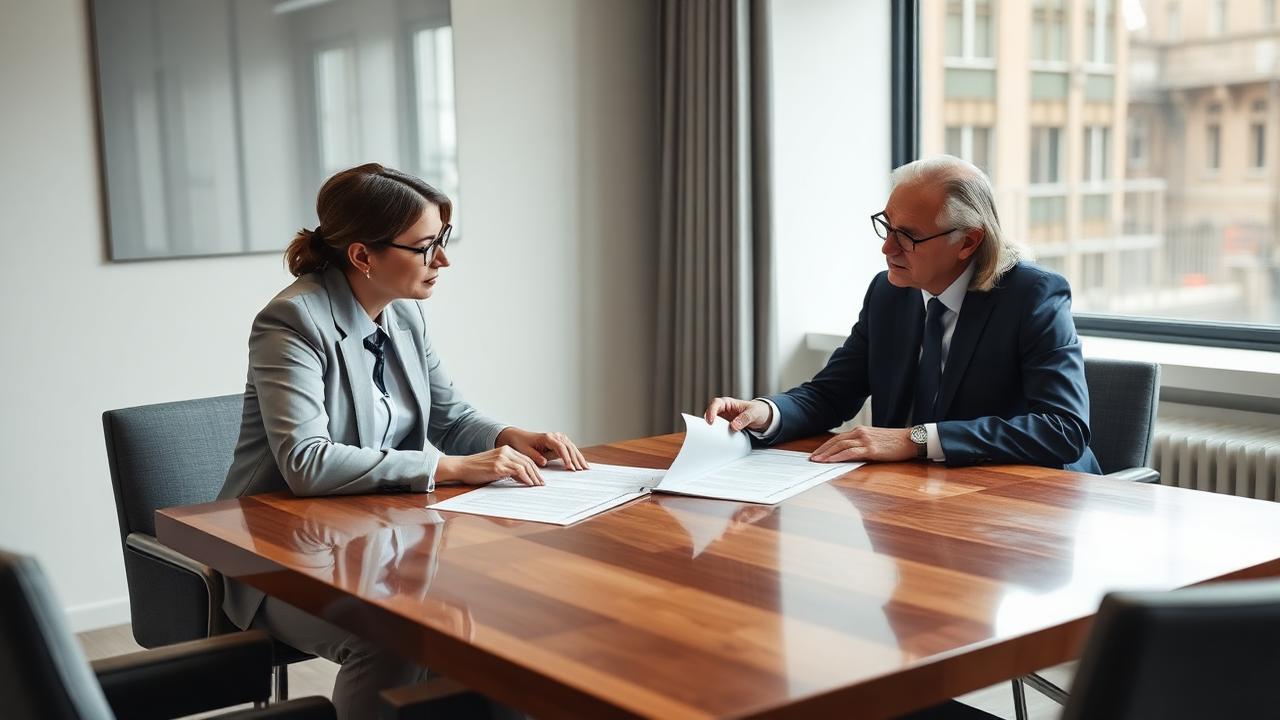 Two executives finalising a trade sale agreement in a professional setting