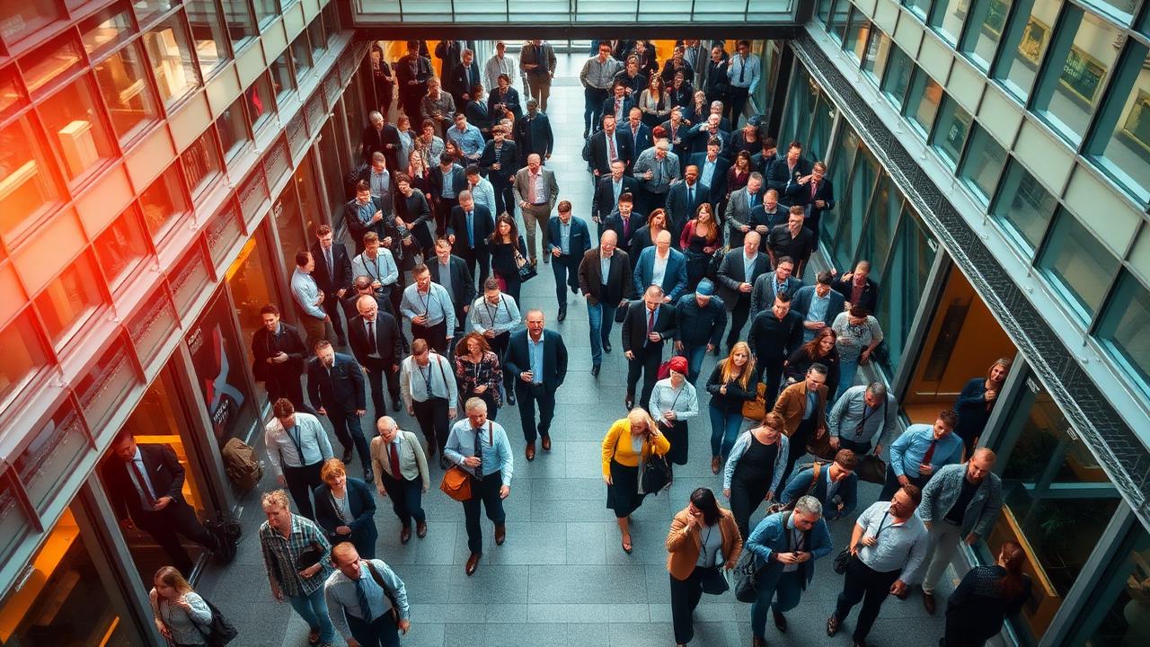 Large workforce entering a modern UK office building representing the scale of employee ownership