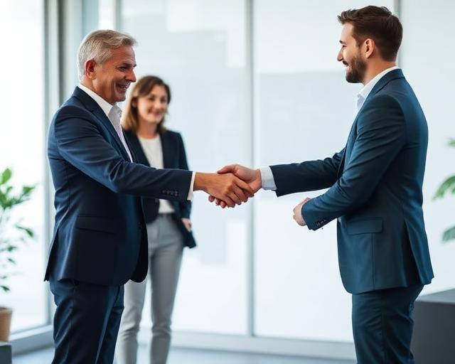 Senior professional handing over responsibilities to a younger team