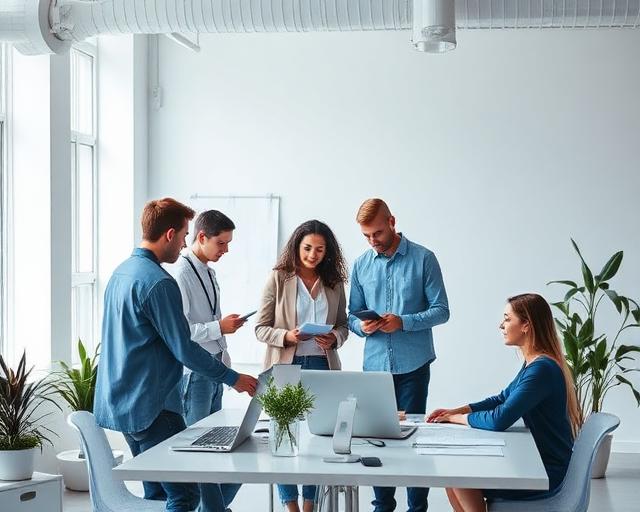 Creative agency team collaborating in a bright workspace