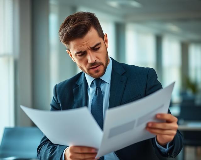 Business owner looking concerned while reviewing documents