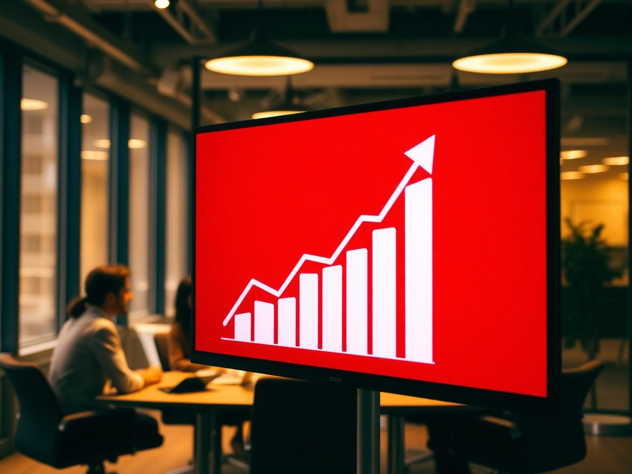 Growth chart on screen in a modern office showing business resilience