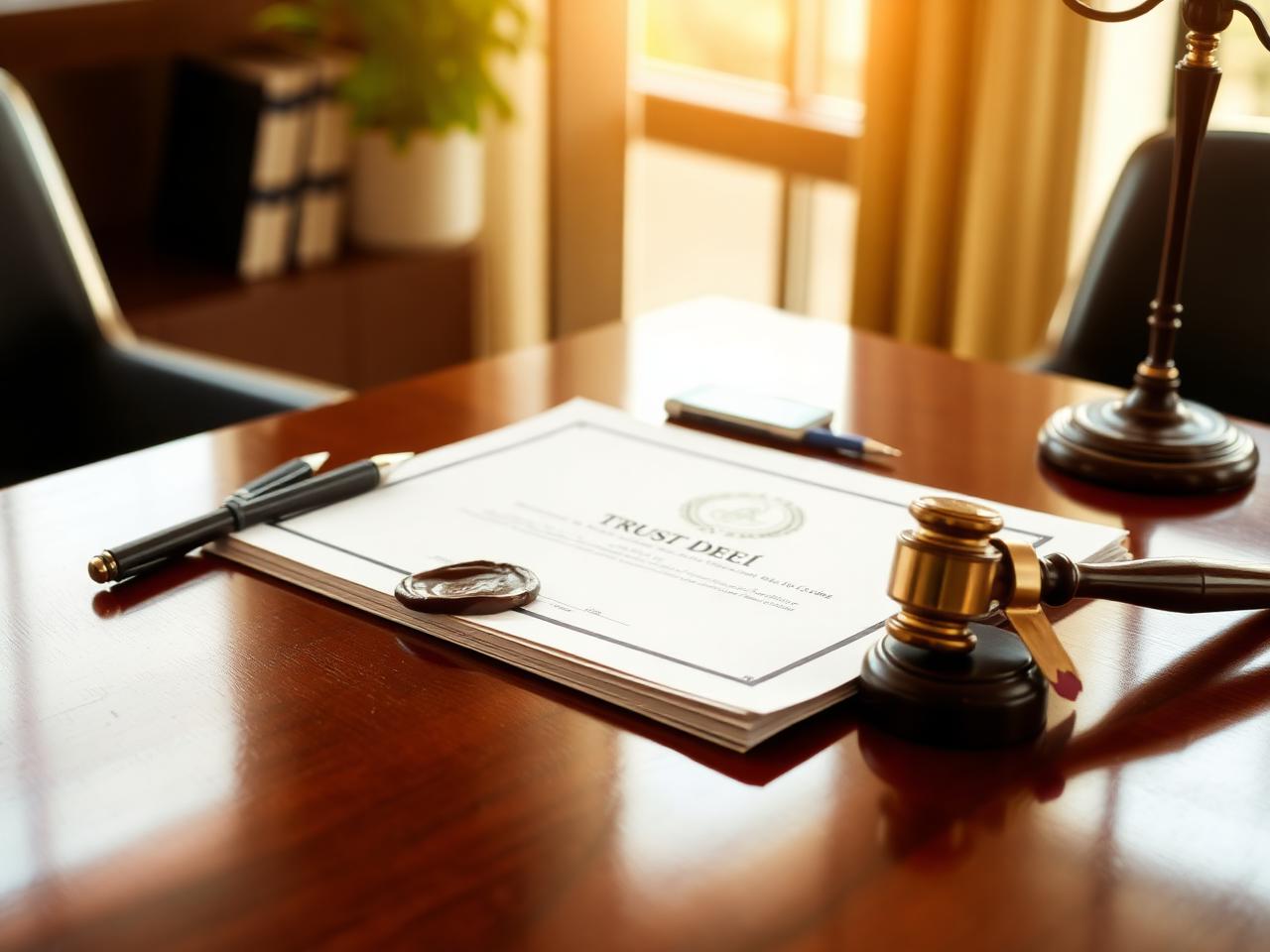 Trust deed document with seal on a polished wooden desk