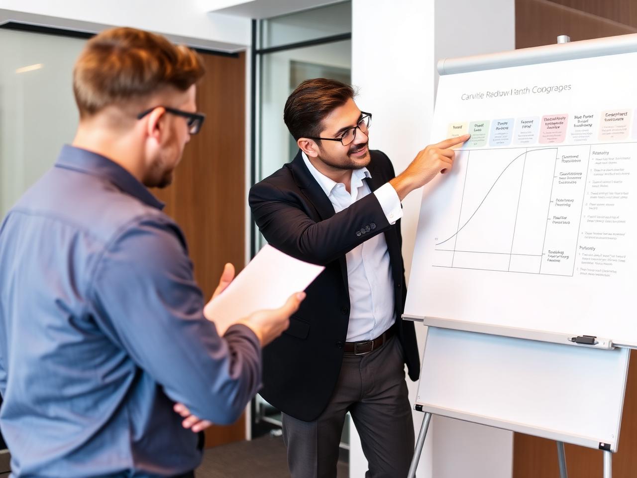 Adviser explaining a strategic roadmap on a whiteboard to a business owner