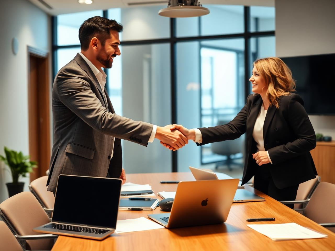 Two professional advisers discussing a partnership arrangement over documents