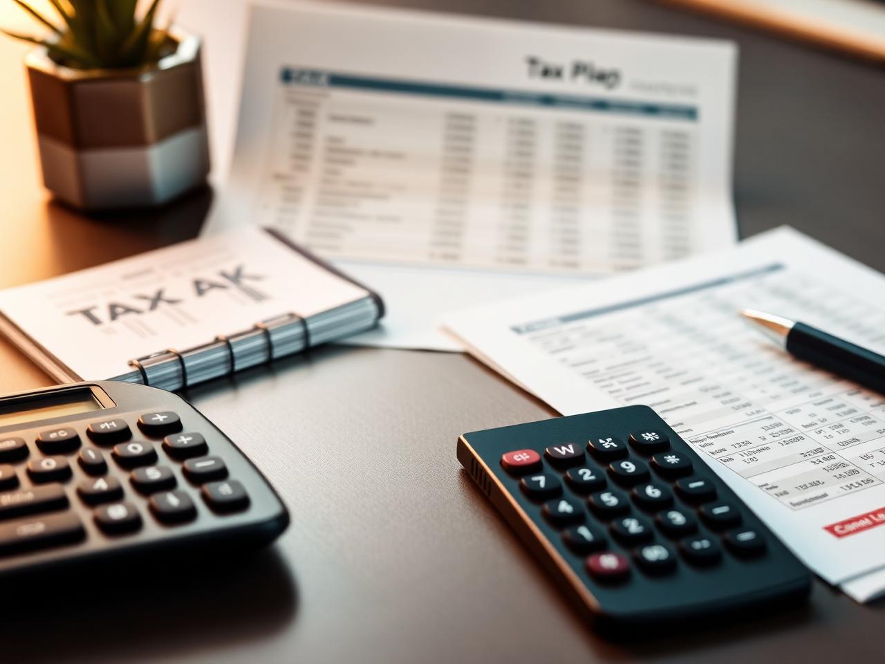 Tax planning documents with calculator and financial statements on a professional desk