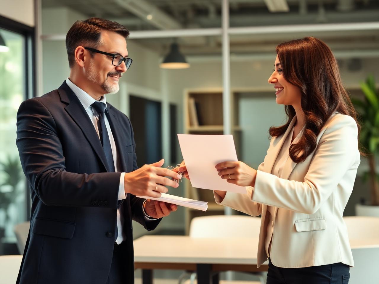 Senior and junior business leaders exchanging documents during ownership transition