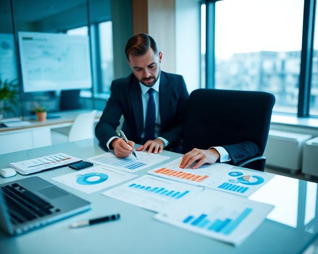 Financial analyst reviewing valuation reports and projections